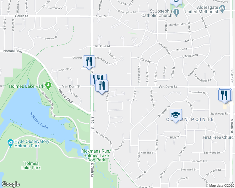 map of restaurants, bars, coffee shops, grocery stores, and more near 2920 South 72nd Street in Lincoln