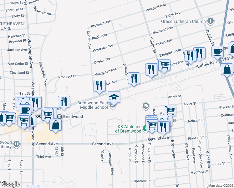 map of restaurants, bars, coffee shops, grocery stores, and more near 980 Suffolk Avenue in Brentwood