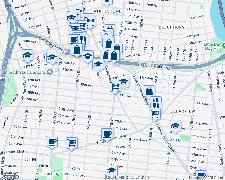 map of restaurants, bars, coffee shops, grocery stores, and more near 17-04 Clintonville Street in Queens