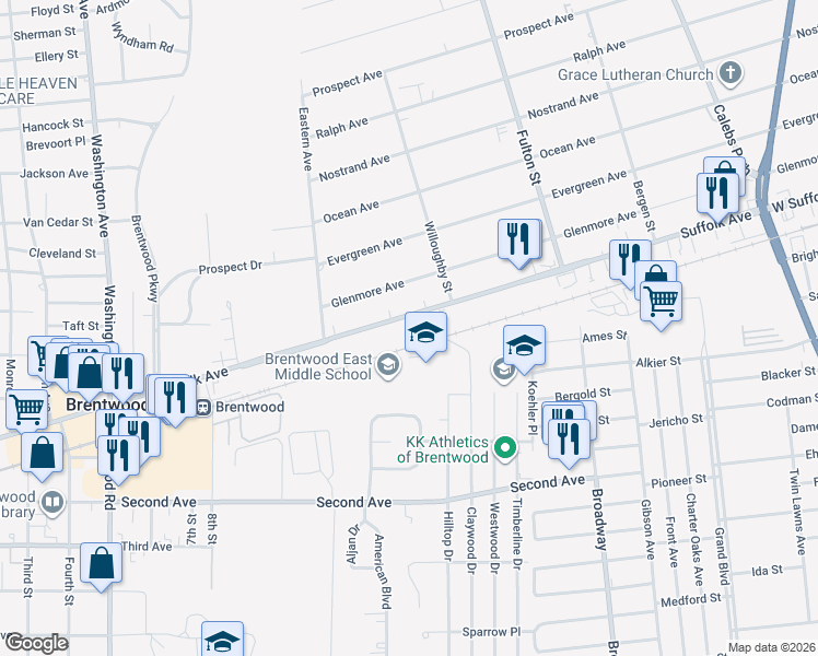 map of restaurants, bars, coffee shops, grocery stores, and more near 980 Suffolk Avenue in Brentwood