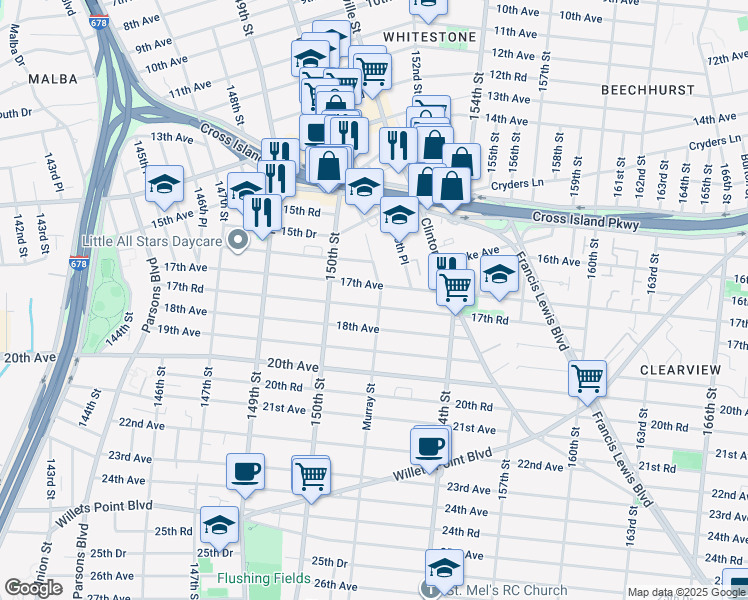 map of restaurants, bars, coffee shops, grocery stores, and more near 17-14 Murray Street in Queens