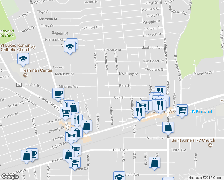 map of restaurants, bars, coffee shops, grocery stores, and more near 37 Adams Avenue in Brentwood