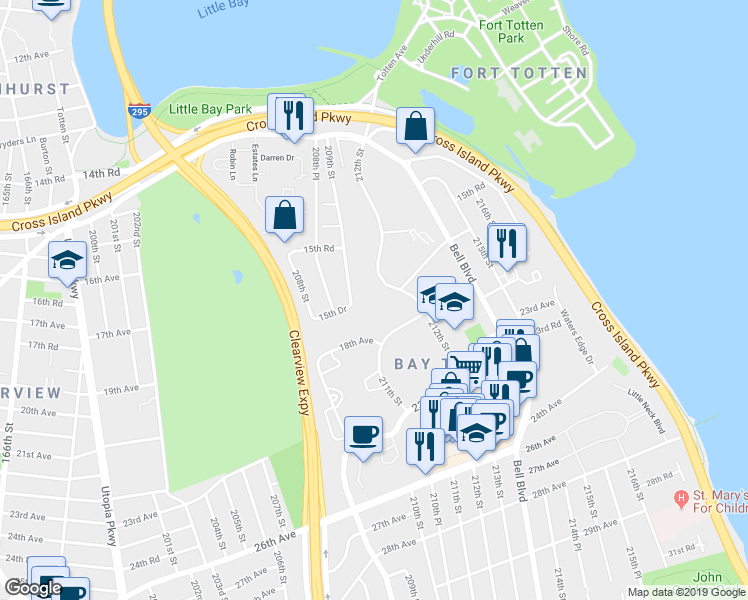 map of restaurants, bars, coffee shops, grocery stores, and more near 15-86 212th Street in Queens