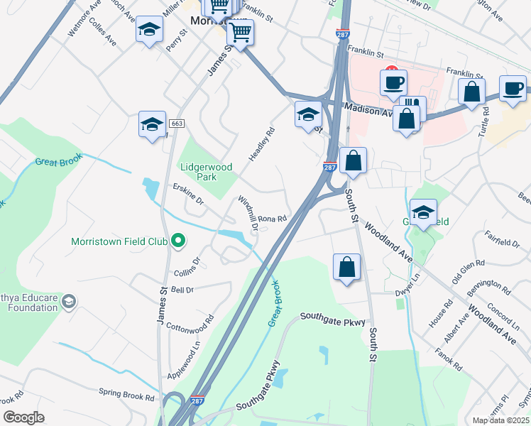 map of restaurants, bars, coffee shops, grocery stores, and more near 1 Rona Rd in Morristown