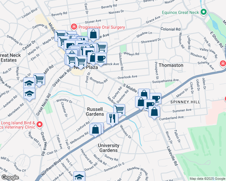 map of restaurants, bars, coffee shops, grocery stores, and more near 10 Melbourne Road in Great Neck