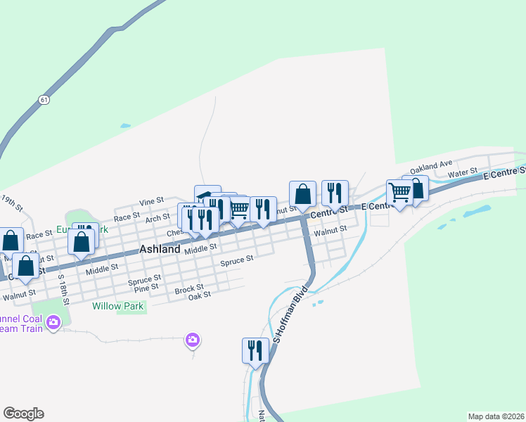 map of restaurants, bars, coffee shops, grocery stores, and more near 515 Centre Street in Ashland