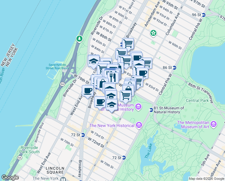 map of restaurants, bars, coffee shops, grocery stores, and more near 163 West 80th Street in New York