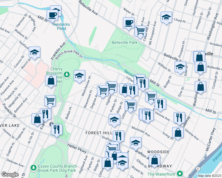 map of restaurants, bars, coffee shops, grocery stores, and more near 778 Highland Avenue in Newark