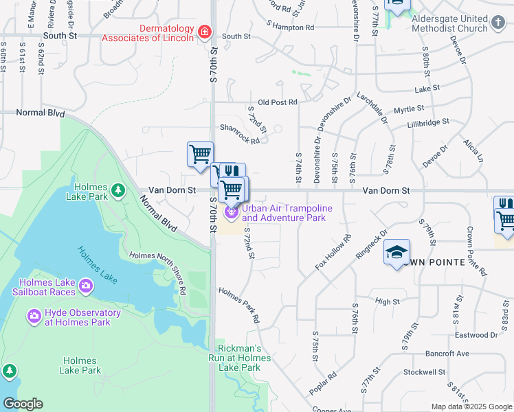 map of restaurants, bars, coffee shops, grocery stores, and more near 2810 South 72nd Street in Lincoln