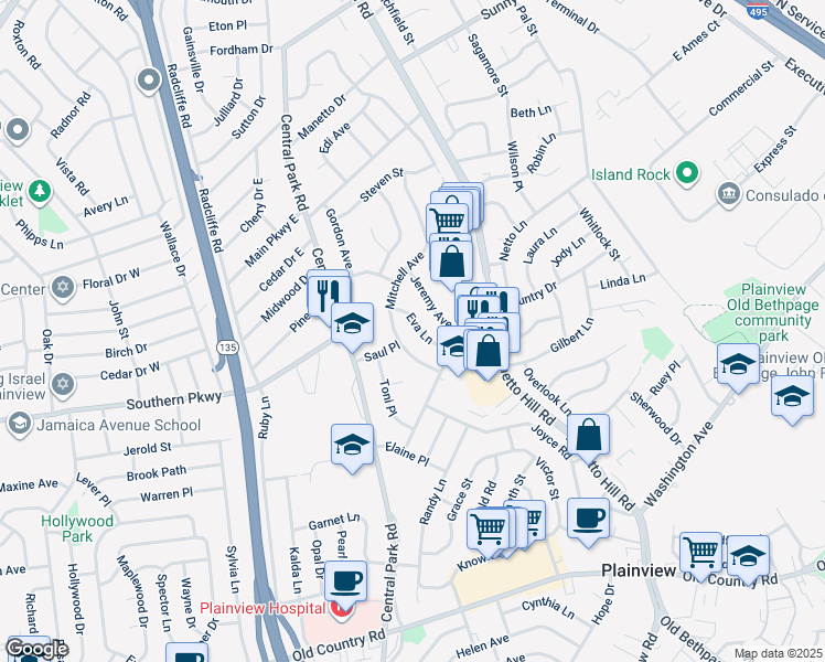 map of restaurants, bars, coffee shops, grocery stores, and more near 12 Eva Lane in Plainview