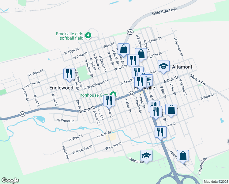 map of restaurants, bars, coffee shops, grocery stores, and more near 23 South Center Street in Frackville