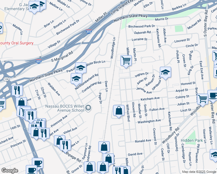 map of restaurants, bars, coffee shops, grocery stores, and more near 27 Deer Lane in Hicksville