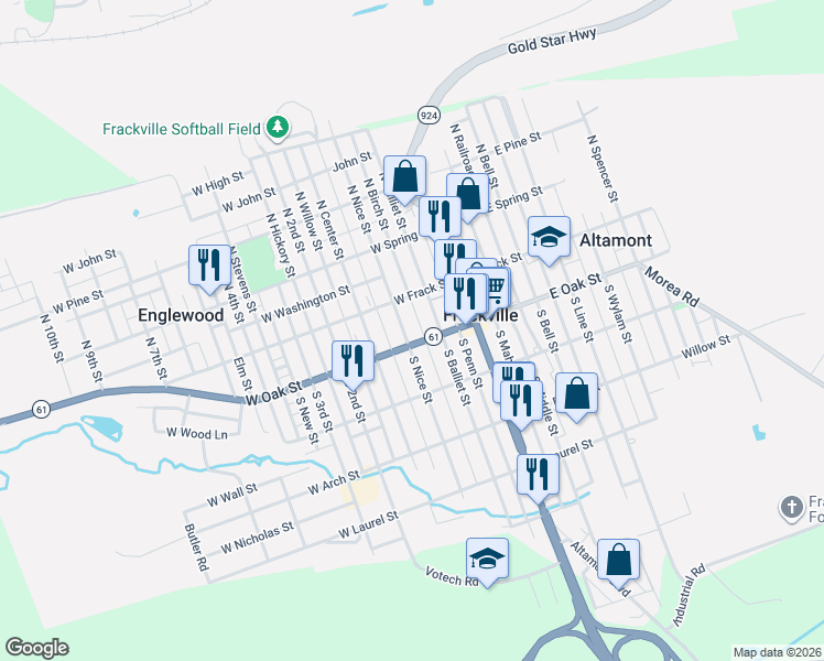 map of restaurants, bars, coffee shops, grocery stores, and more near 37 S Nice St in Frackville