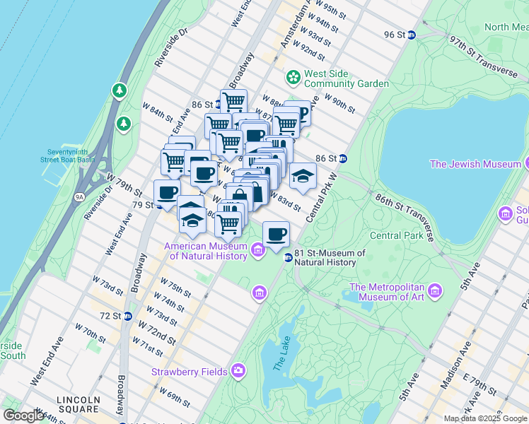 map of restaurants, bars, coffee shops, grocery stores, and more near 72 West 82nd Street in New York