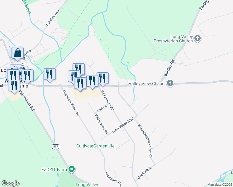 map of restaurants, bars, coffee shops, grocery stores, and more near 3 North Washington Valley Road in Washington Township