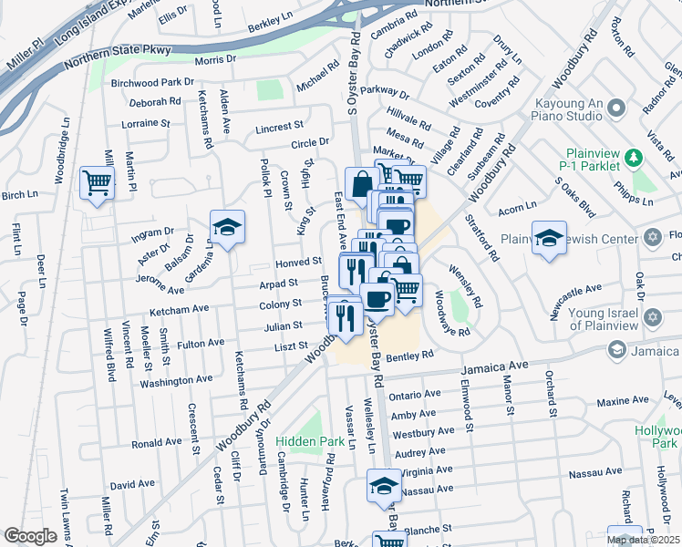 map of restaurants, bars, coffee shops, grocery stores, and more near 32 East End Avenue in Hicksville