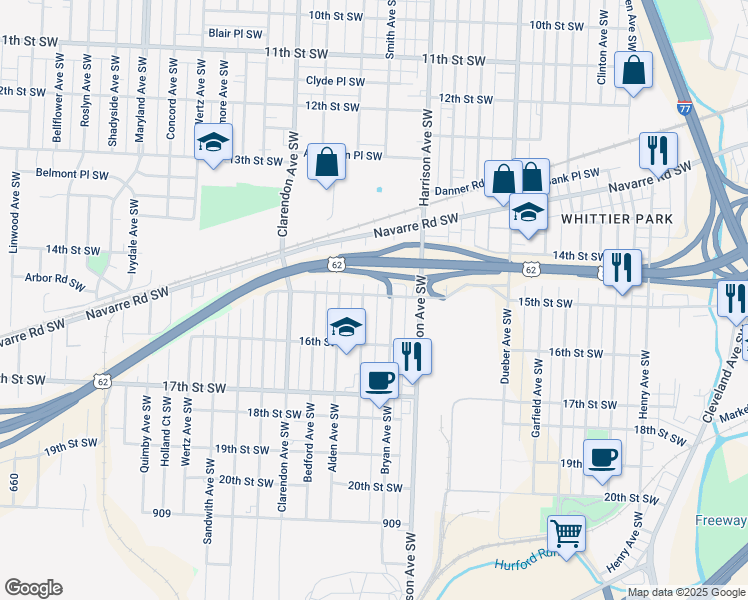 map of restaurants, bars, coffee shops, grocery stores, and more near 2314 Lennis Court Southwest in Canton