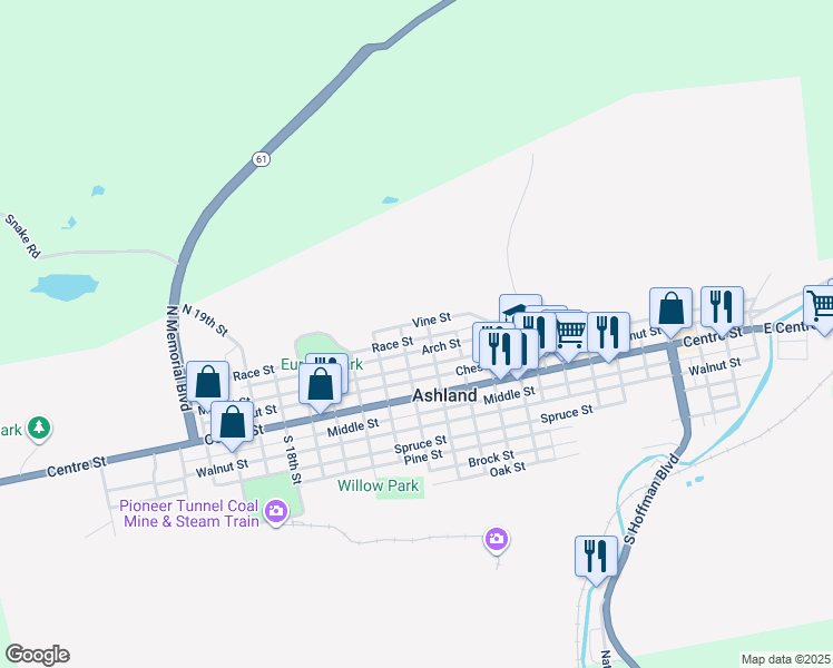 map of restaurants, bars, coffee shops, grocery stores, and more near 1219 Race Street in Ashland