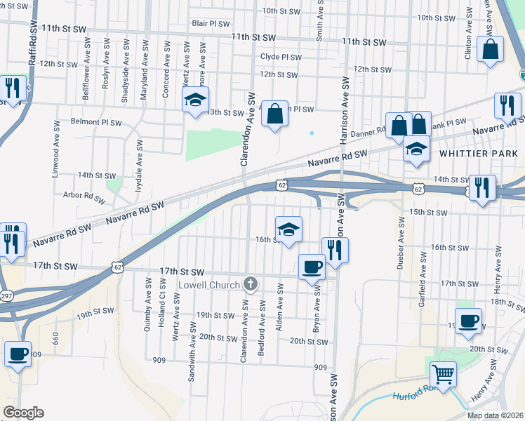 map of restaurants, bars, coffee shops, grocery stores, and more near 1505 Bedford Avenue Southwest in Canton