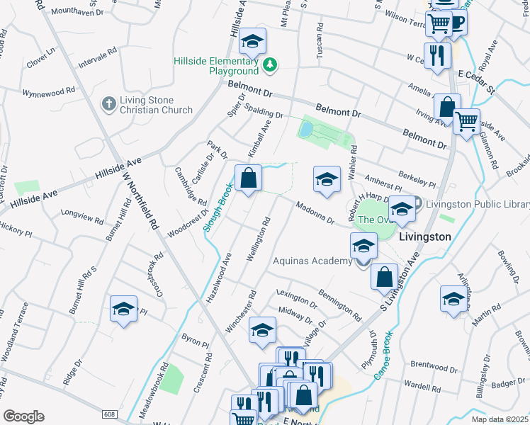 map of restaurants, bars, coffee shops, grocery stores, and more near 47 Wellington Road in Livingston