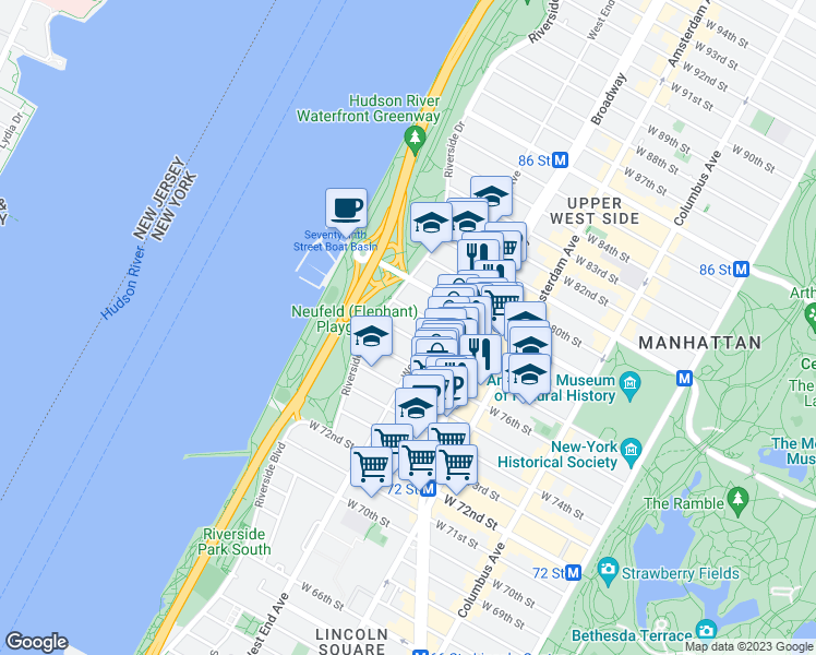 map of restaurants, bars, coffee shops, grocery stores, and more near 321 West 77th Street in New York