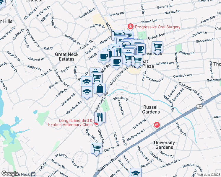 map of restaurants, bars, coffee shops, grocery stores, and more near 159 Great Neck Road in Great Neck