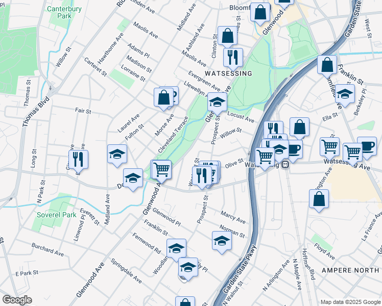 map of restaurants, bars, coffee shops, grocery stores, and more near 500 Glenwood Avenue in East Orange