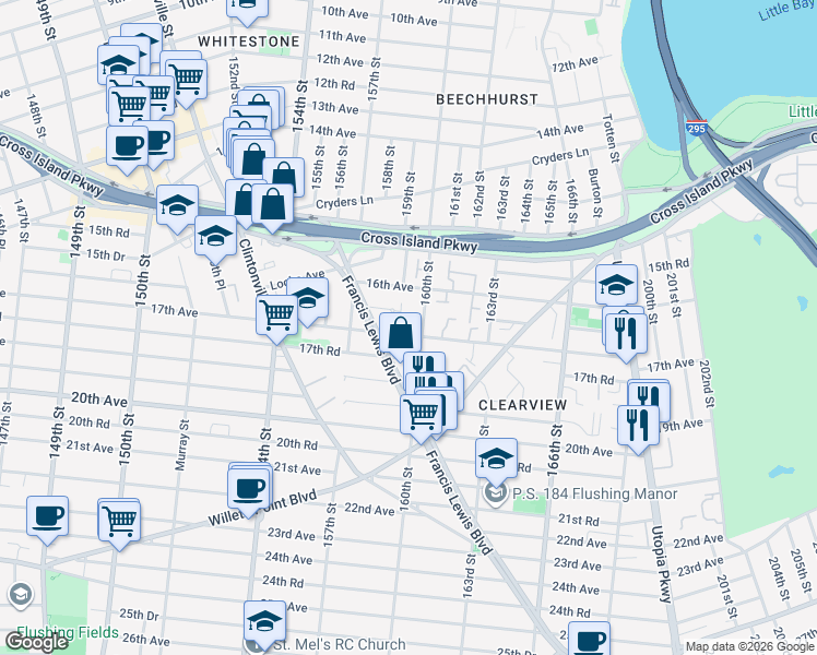 map of restaurants, bars, coffee shops, grocery stores, and more near 157-65 17th Avenue in Queens