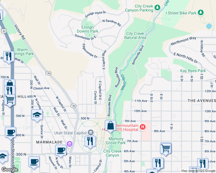 map of restaurants, bars, coffee shops, grocery stores, and more near 668 East Capitol Boulevard in Salt Lake City