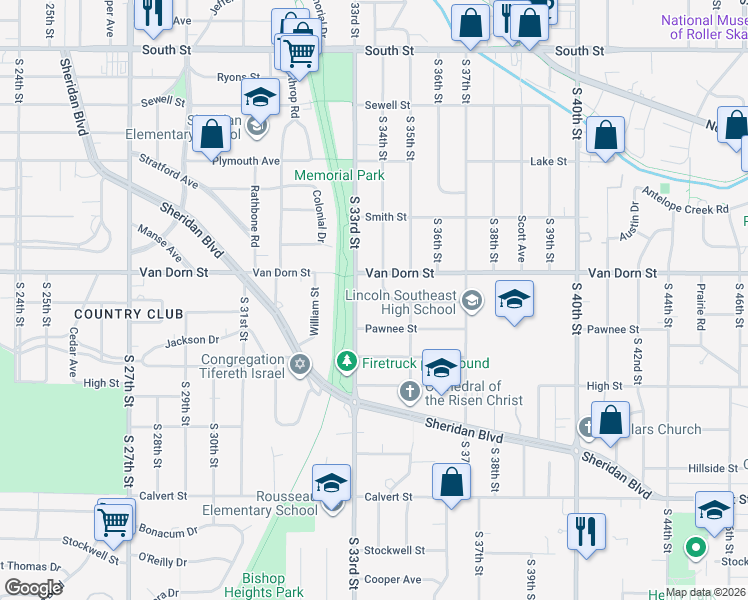 map of restaurants, bars, coffee shops, grocery stores, and more near 2839 South 34th Street in Lincoln
