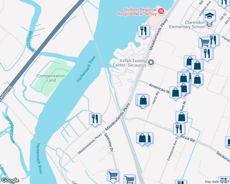 map of restaurants, bars, coffee shops, grocery stores, and more near 5 Harmon Cove Tower in Secaucus