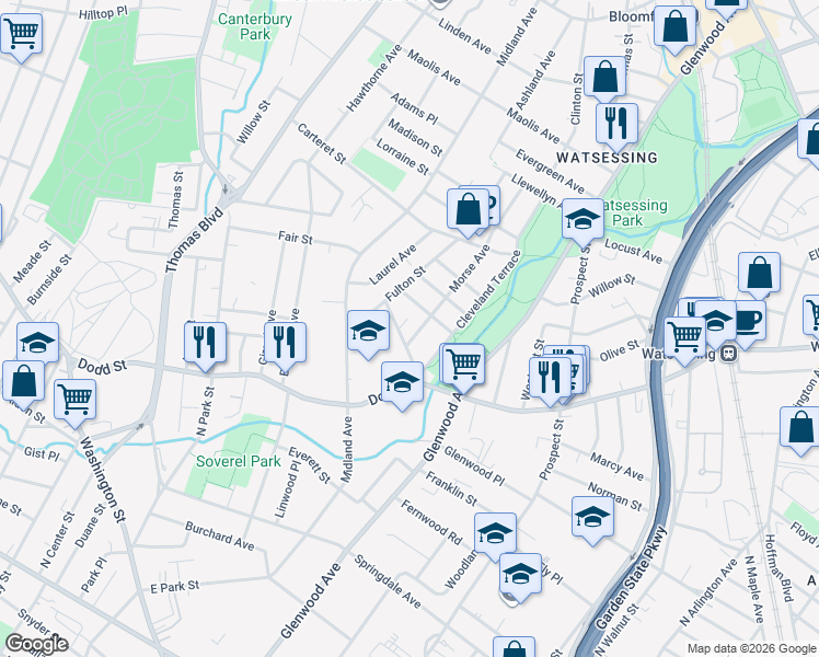 map of restaurants, bars, coffee shops, grocery stores, and more near 9 Morse Avenue in East Orange