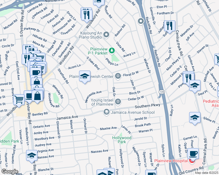 map of restaurants, bars, coffee shops, grocery stores, and more near 111 Plymouth Road in Plainview