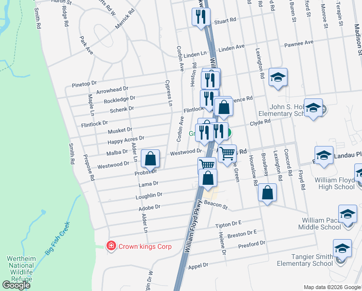 map of restaurants, bars, coffee shops, grocery stores, and more near 3 Corbin Avenue in Shirley
