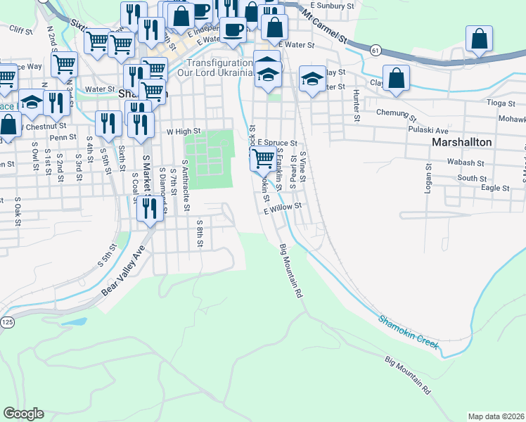 map of restaurants, bars, coffee shops, grocery stores, and more near 401 South Shamokin Street in Shamokin