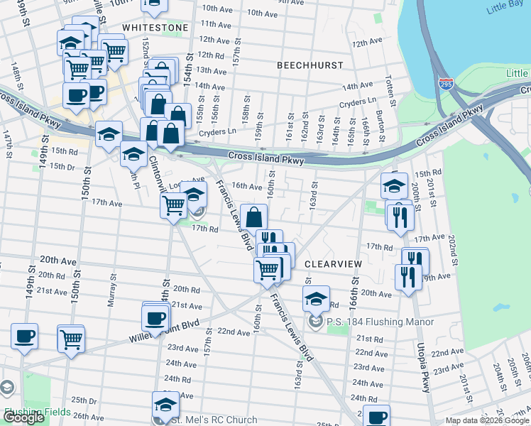 map of restaurants, bars, coffee shops, grocery stores, and more near 157-65 17th Avenue in Queens