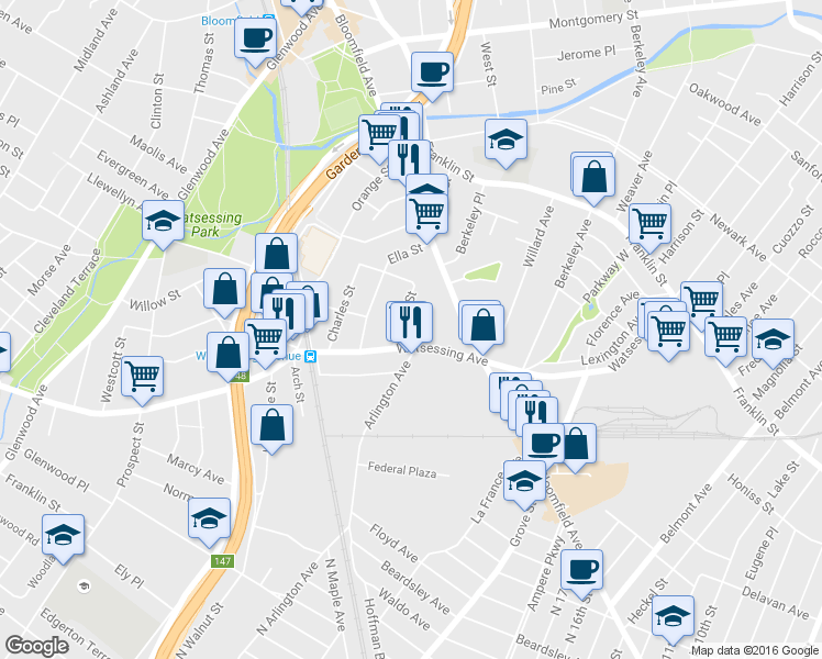 map of restaurants, bars, coffee shops, grocery stores, and more near 17 Grace Street in Bloomfield