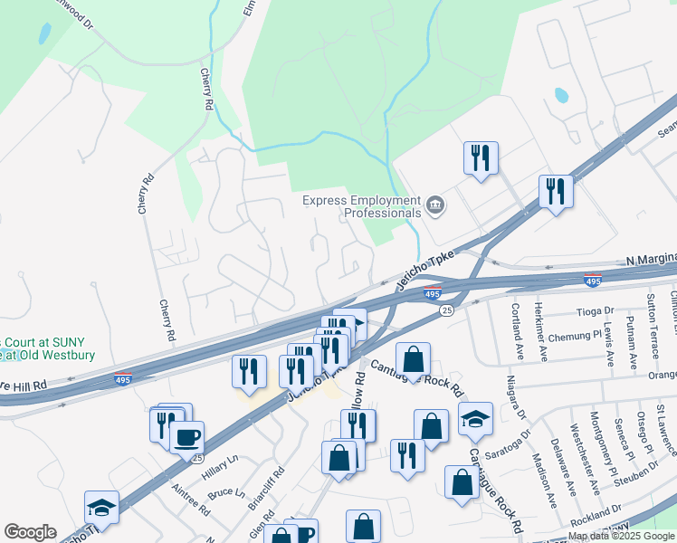 map of restaurants, bars, coffee shops, grocery stores, and more near 21 Hunt Court in Jericho