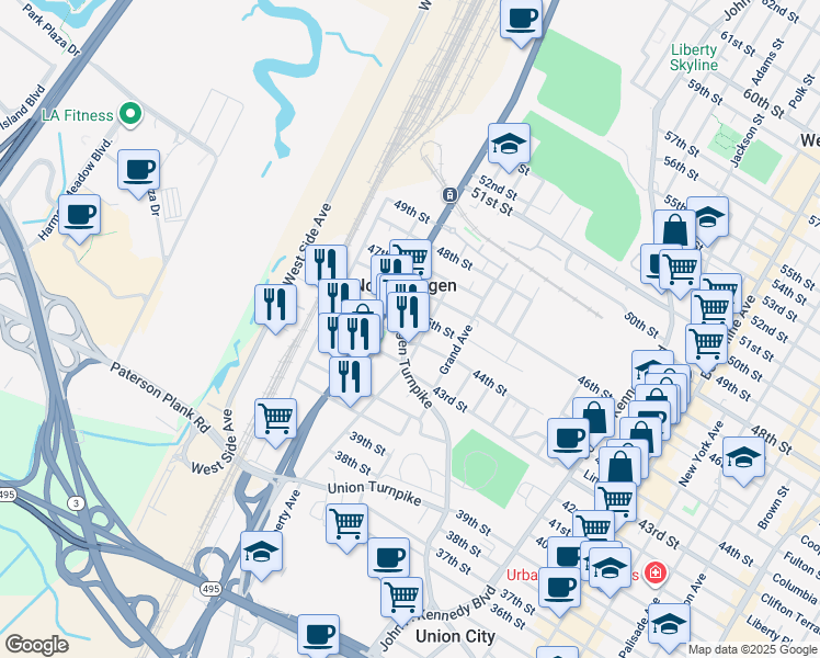 map of restaurants, bars, coffee shops, grocery stores, and more near 4411 Liberty Avenue in North Bergen