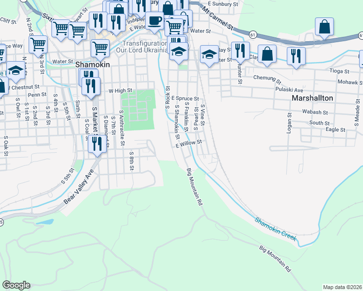 map of restaurants, bars, coffee shops, grocery stores, and more near 401 South Shamokin Street in Shamokin