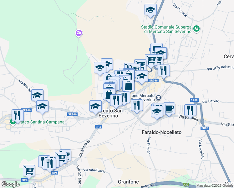 map of restaurants, bars, coffee shops, grocery stores, and more near 202 Corso Armando Diaz in Mercato San Severino