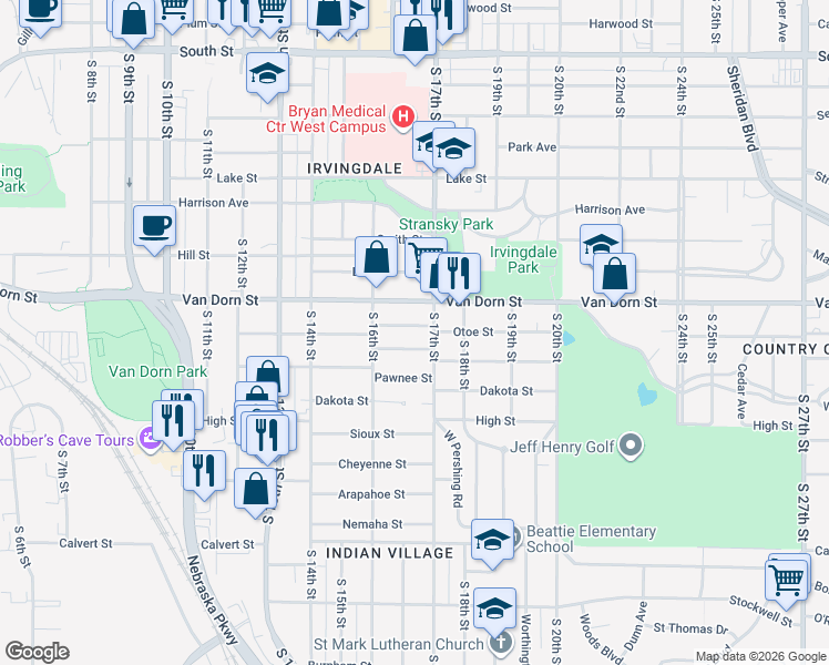 map of restaurants, bars, coffee shops, grocery stores, and more near 1661 Otoe Street in Lincoln