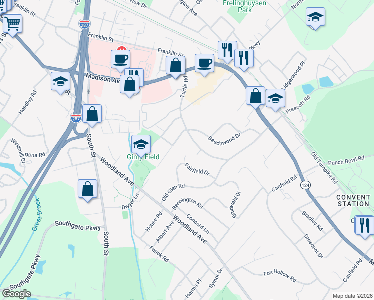 map of restaurants, bars, coffee shops, grocery stores, and more near 15 Connie Place in Morristown