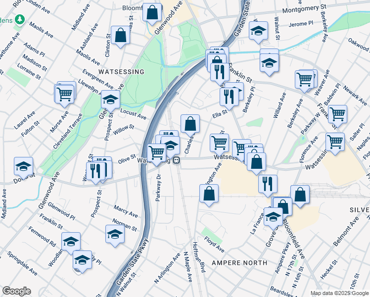 map of restaurants, bars, coffee shops, grocery stores, and more near 18 Charles Street in Bloomfield