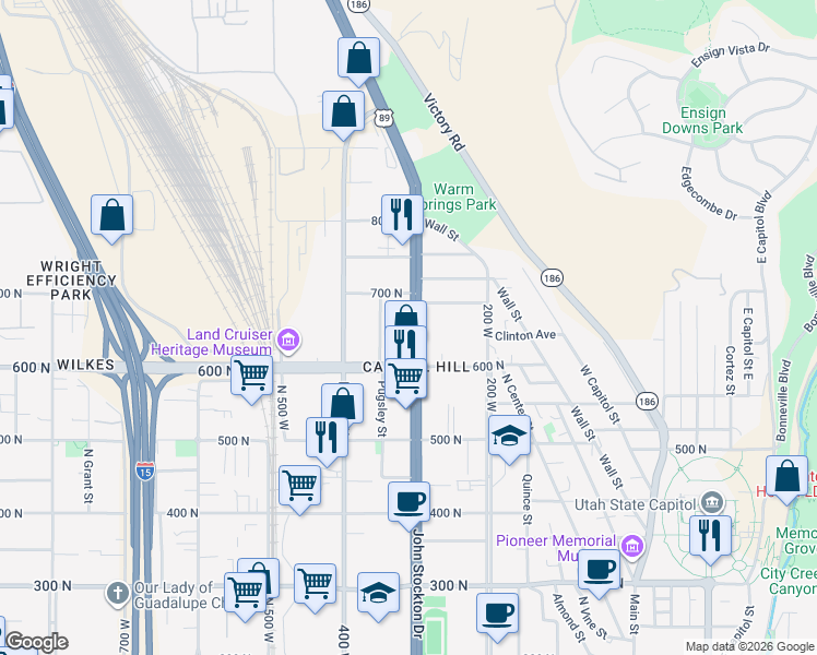 map of restaurants, bars, coffee shops, grocery stores, and more near 301 West Azure Sky Lane in Salt Lake City