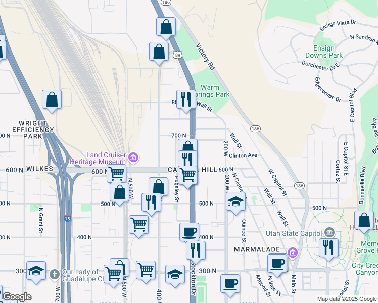 map of restaurants, bars, coffee shops, grocery stores, and more near 301 West Azure Sky Lane in Salt Lake City
