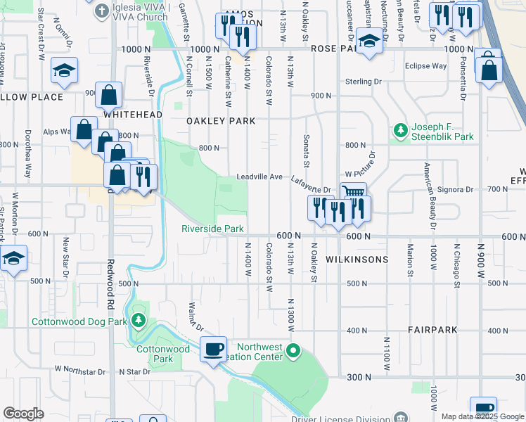 map of restaurants, bars, coffee shops, grocery stores, and more near 647 Colorado Street West in Salt Lake City