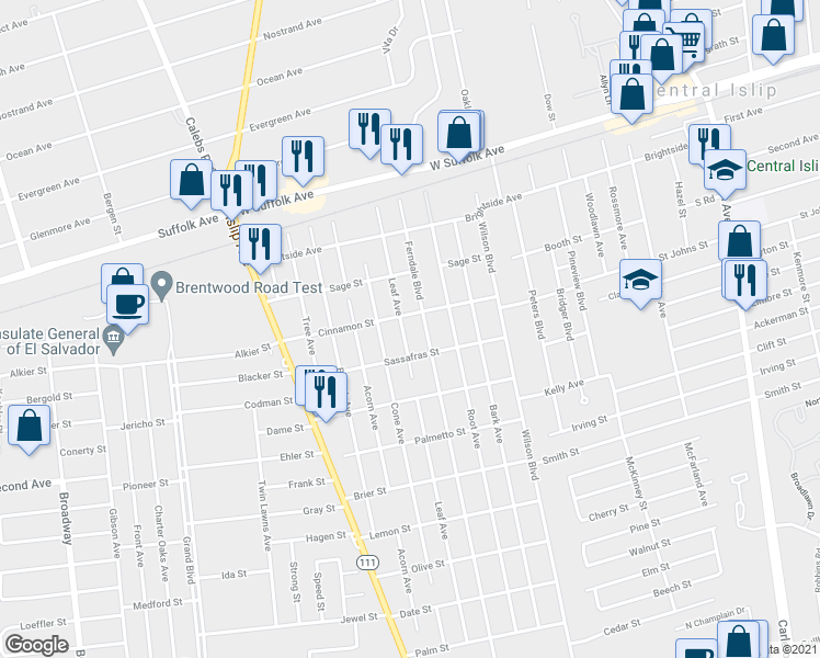map of restaurants, bars, coffee shops, grocery stores, and more near 269 Leaf Avenue in Central Islip