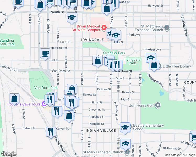 map of restaurants, bars, coffee shops, grocery stores, and more near 1605 Otoe Street in Lincoln