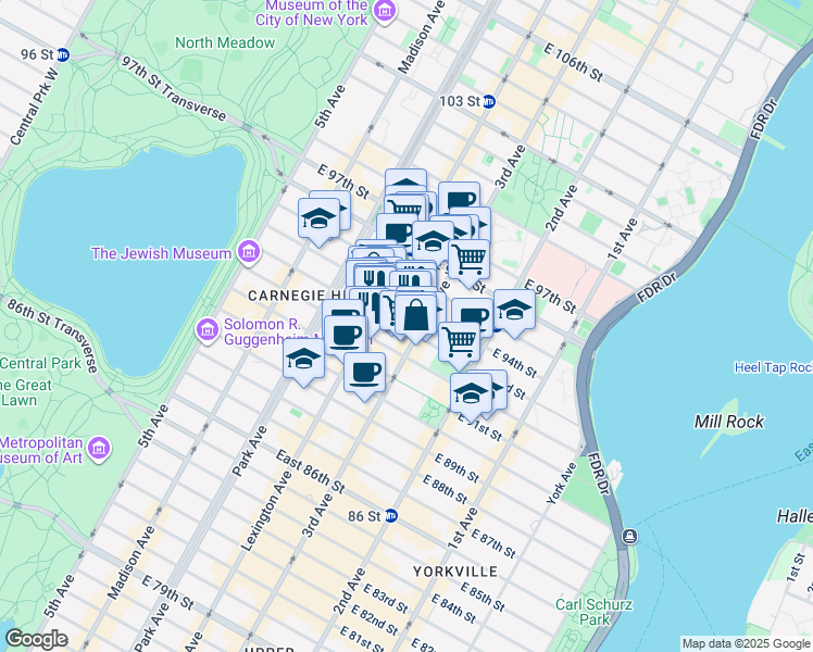 map of restaurants, bars, coffee shops, grocery stores, and more near 187 East 93rd Street in New York